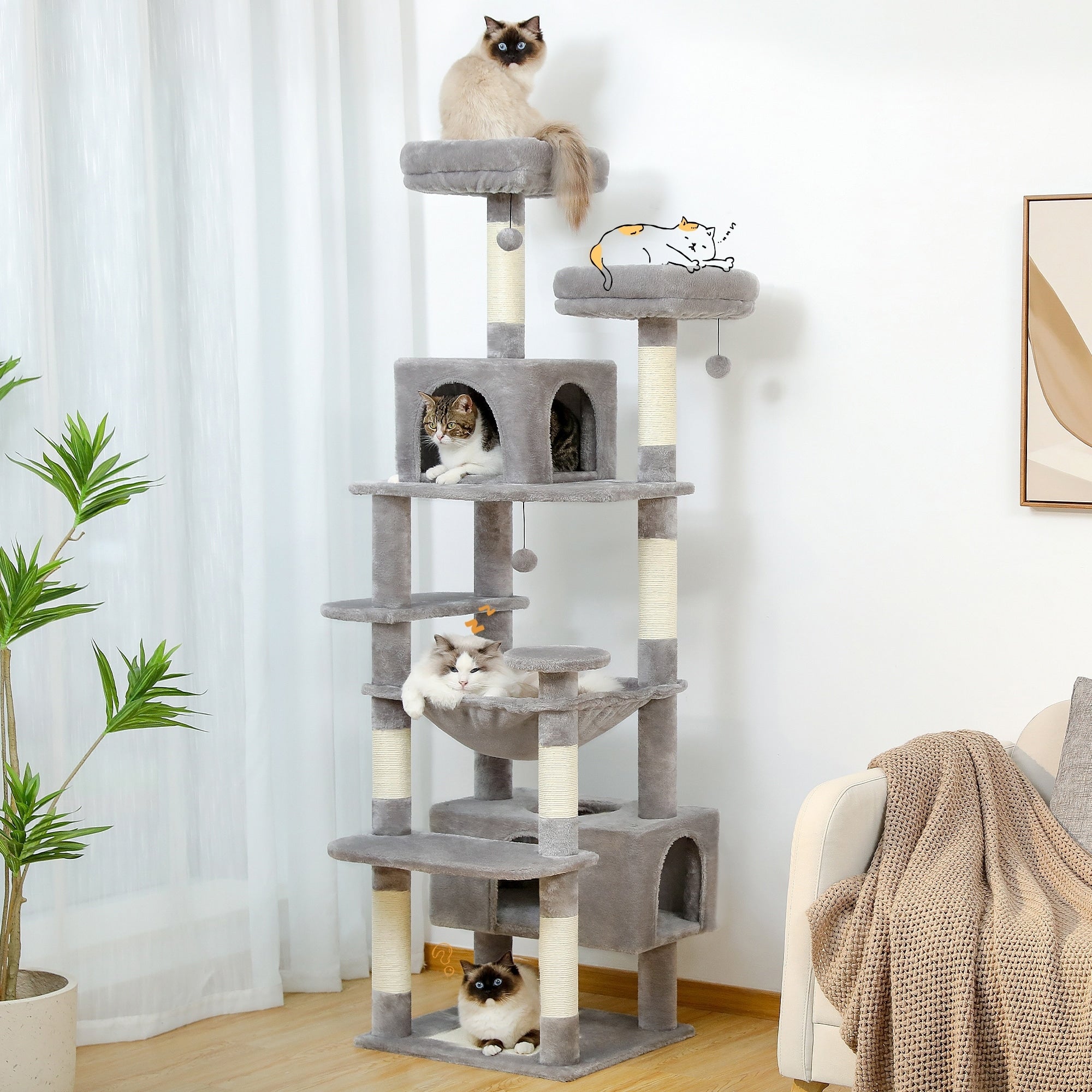 Grande tour pour chat avec griffoirs et coussins, 2 perchoirs rembourrés, double niche et panier