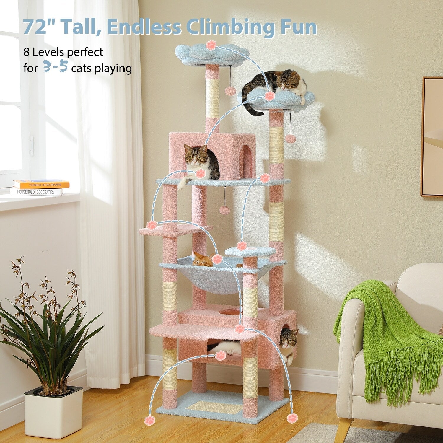 Grande tour pour chat avec griffoirs et coussins, 2 perchoirs rembourrés, double niche et panier