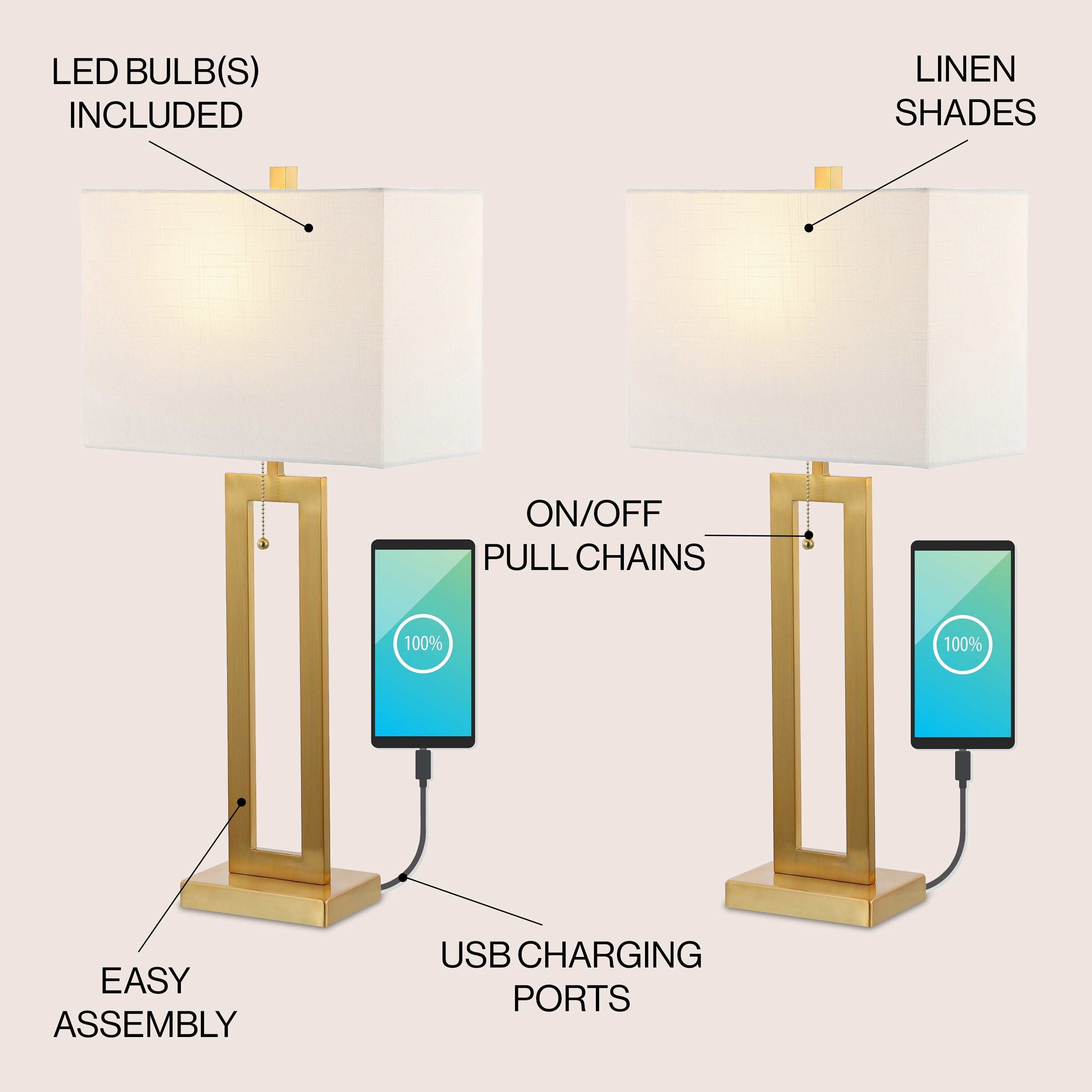 Lampe de table LED industrielle vintage Lucie 28,5 cm avec chaînette et port de chargement USB (lot de 2) par JONATHAN Y