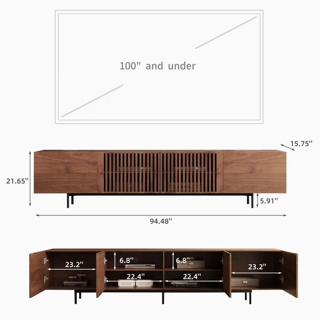 Meuble TV moderne du milieu du siècle avec 4 portes et rangements, compatible avec les téléviseurs jusqu'à 100 pouces, idéal pour le salon