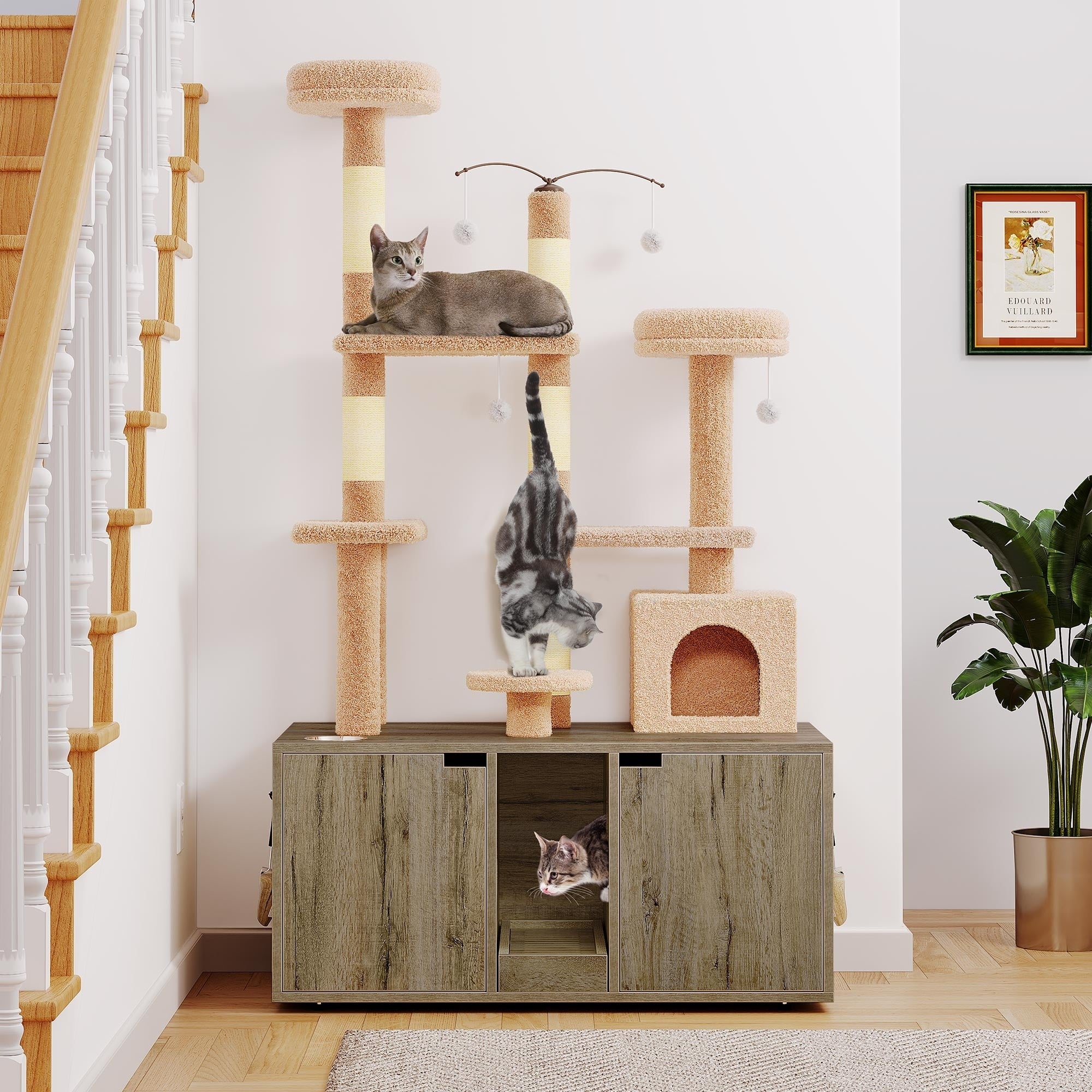 Enceinte double pour litière pour chat Moasis avec griffoir et arbre à chat