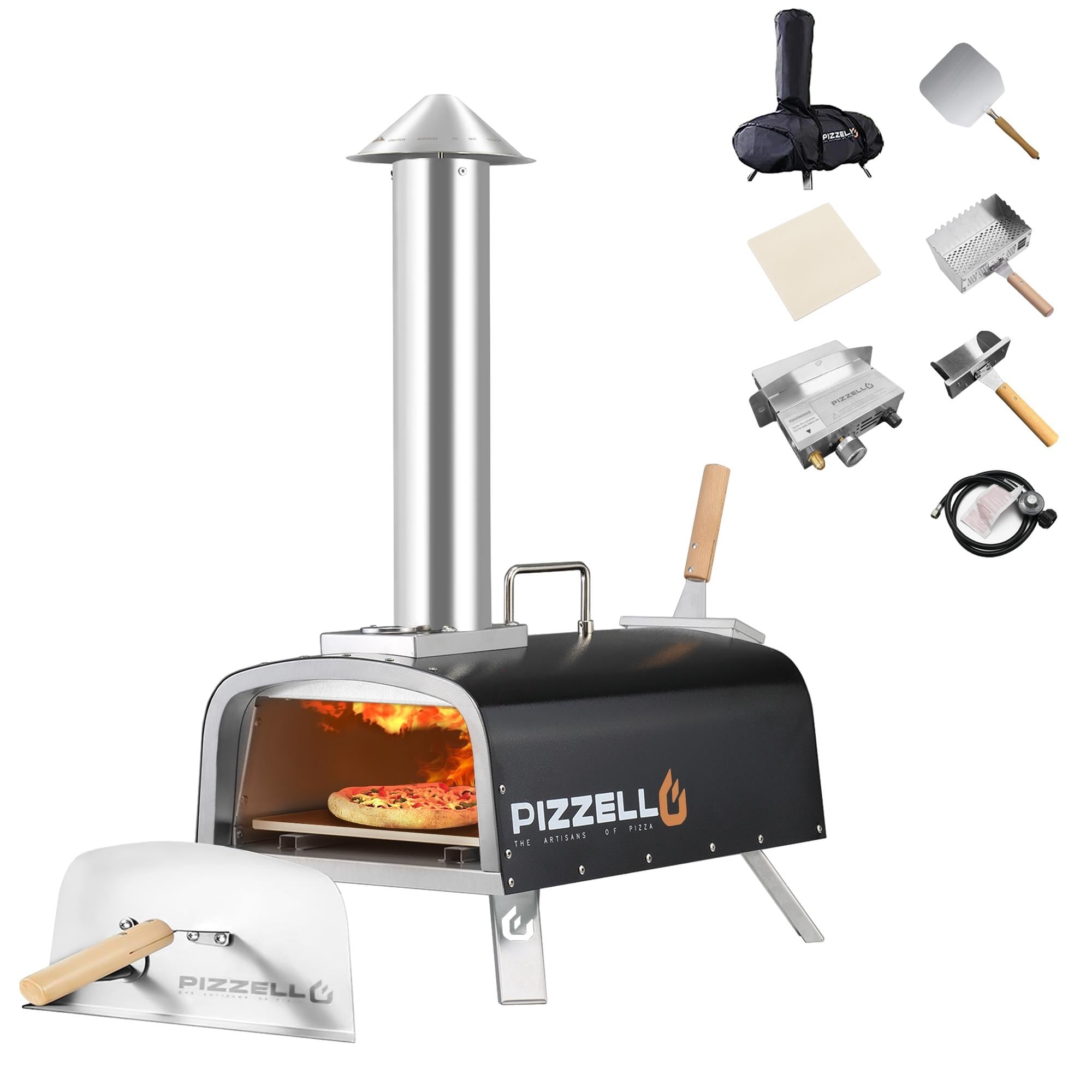 Four à pizza extérieur multicombustible, machine à pizza cuite sur pierre avec brûleur à gaz et boîte à bois - 12 pouces