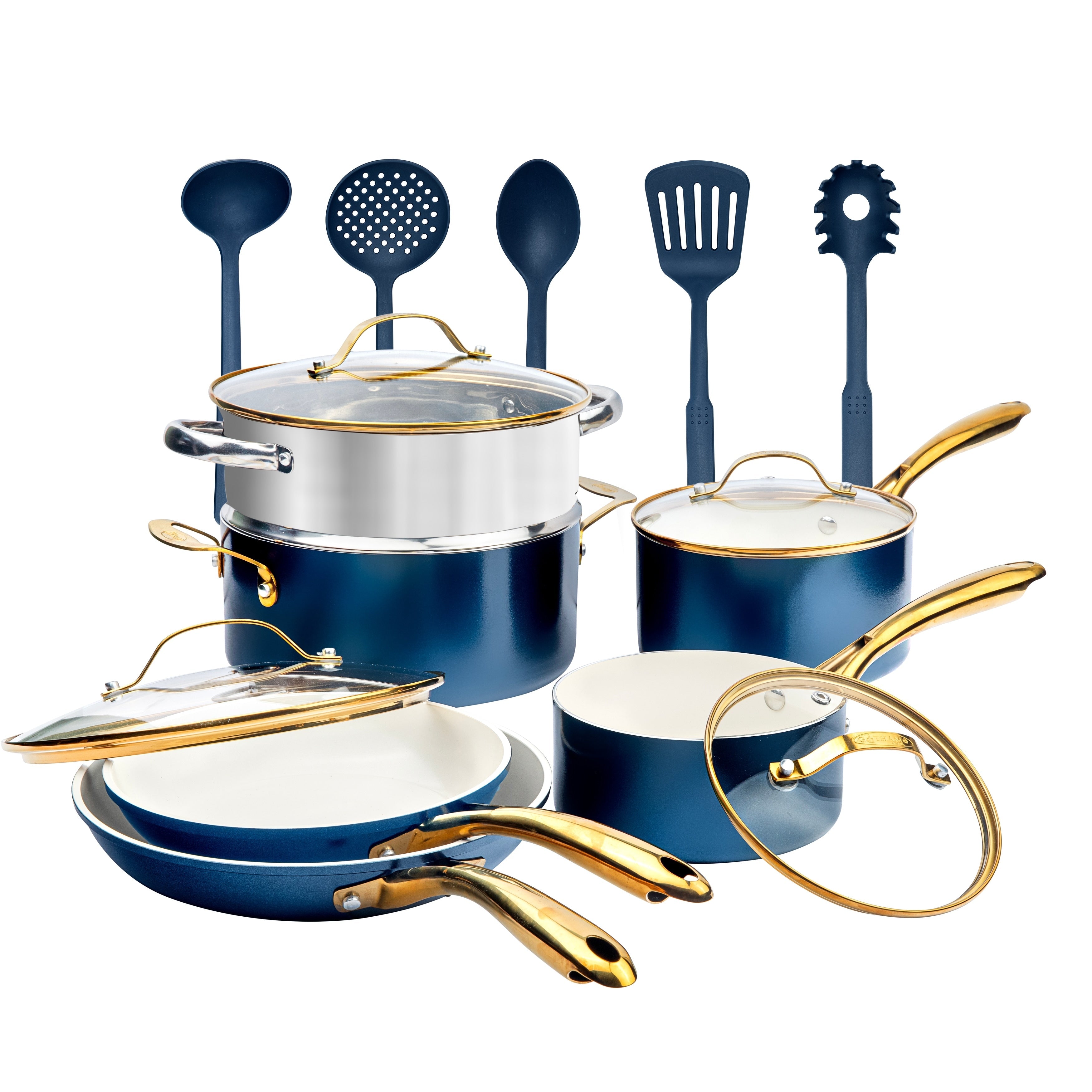 Batterie de cuisine antiadhésive en céramique ultra performante Gotham Steel Natural Collection, 15 pièces, bleu marine