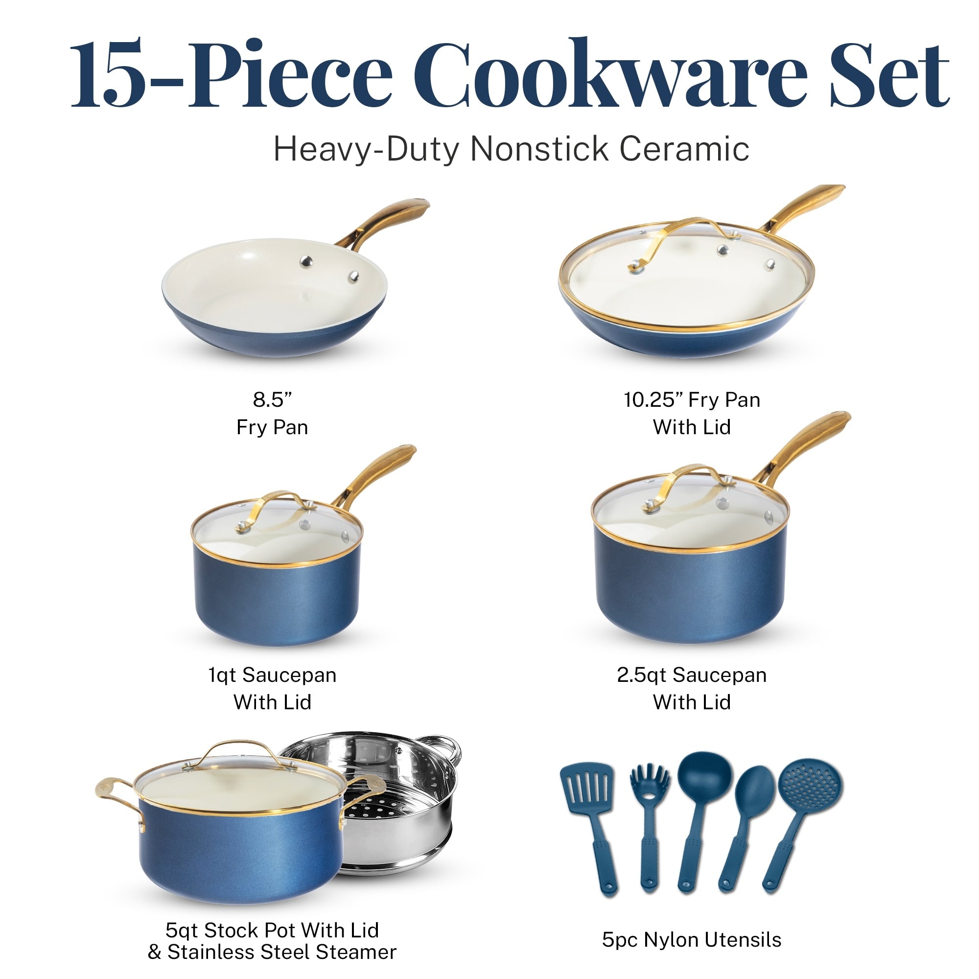 Batterie de cuisine antiadhésive en céramique ultra performante Gotham Steel Natural Collection, 15 pièces, bleu marine