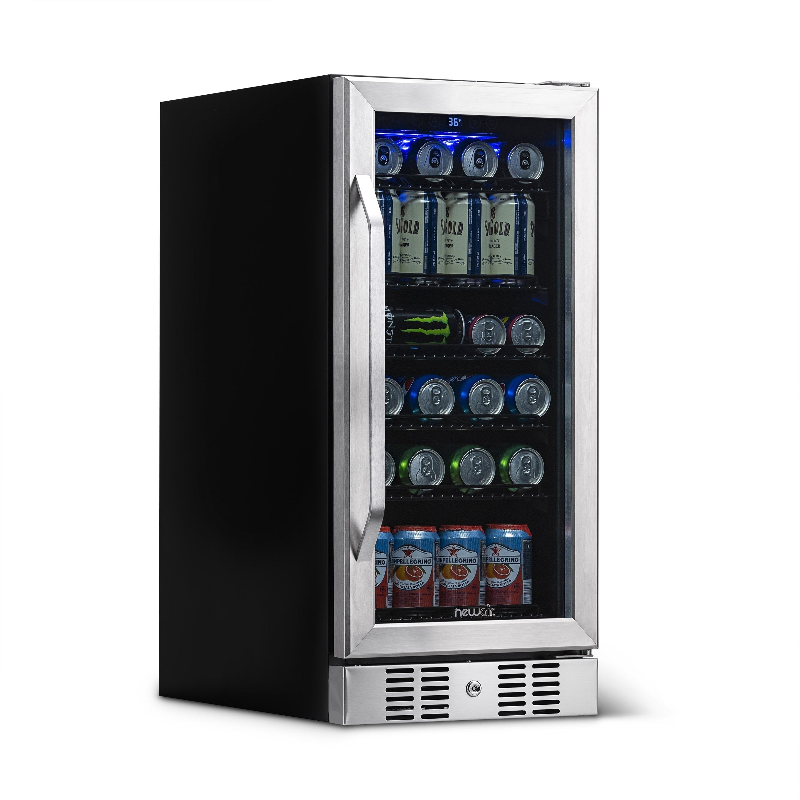 Réfrigérateur à boissons encastré Newair de 15 po, 96 canettes, en acier inoxydable, avec commandes de température et étagères réglables