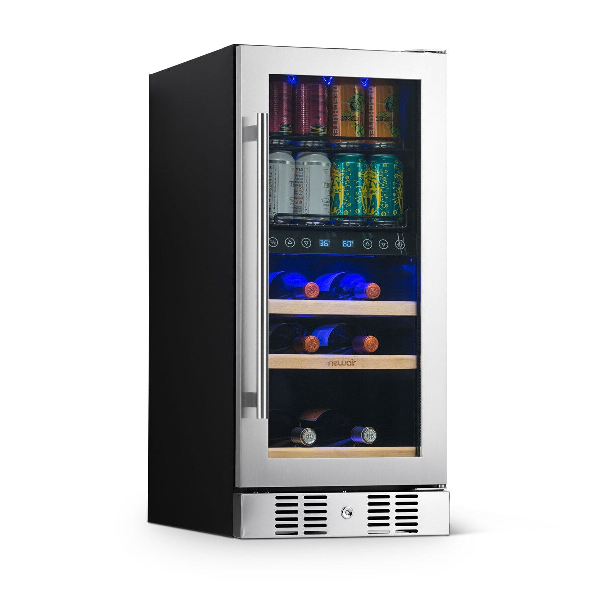 Réfrigérateur à vin et à boissons encastrable NewAir SplitShelf pour 9 bouteilles de vin et 48 canettes en acier inoxydable