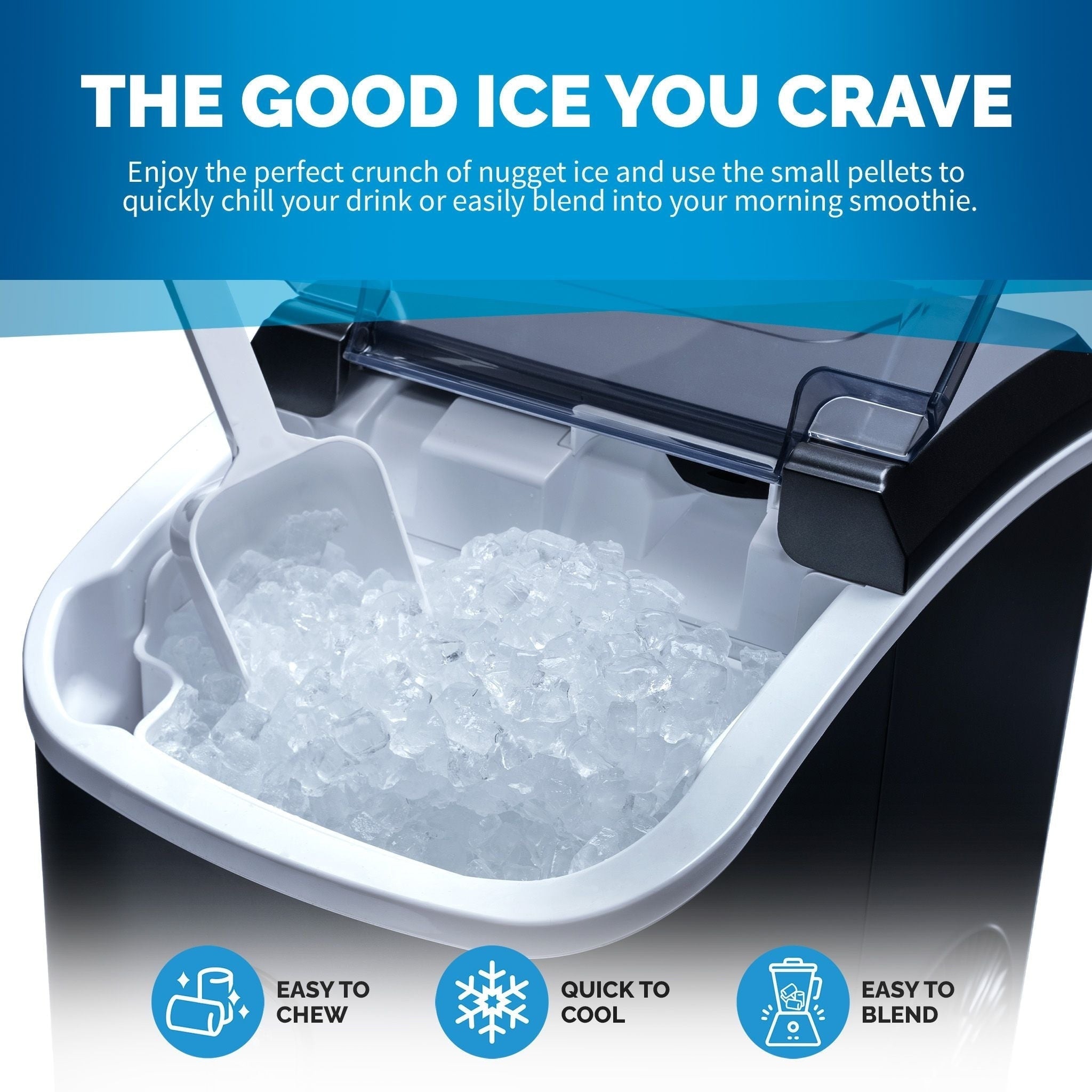 Machine à glaçons Newair de 11,8 kg (26 lb) pour comptoir, noir mat, avec fenêtre de visualisation de la glace, bouton autonettoyant et bec verseur facile à utiliser.