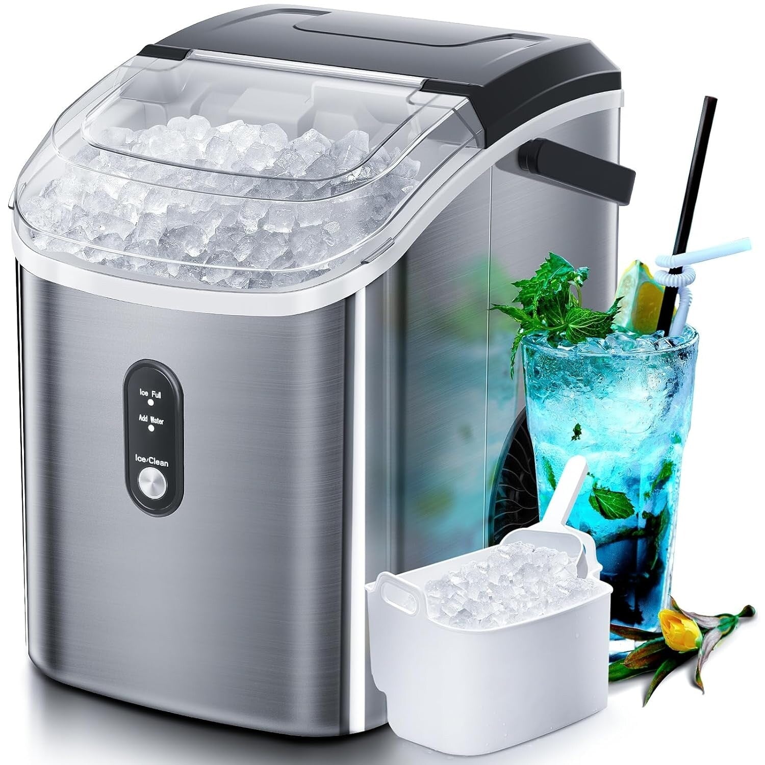 Machine à glaçons portable de comptoir Nugget Ice avec boutons mécaniques, équipée d'un panier à glaçons et d'une pelle à glaçons, en acier inoxydable