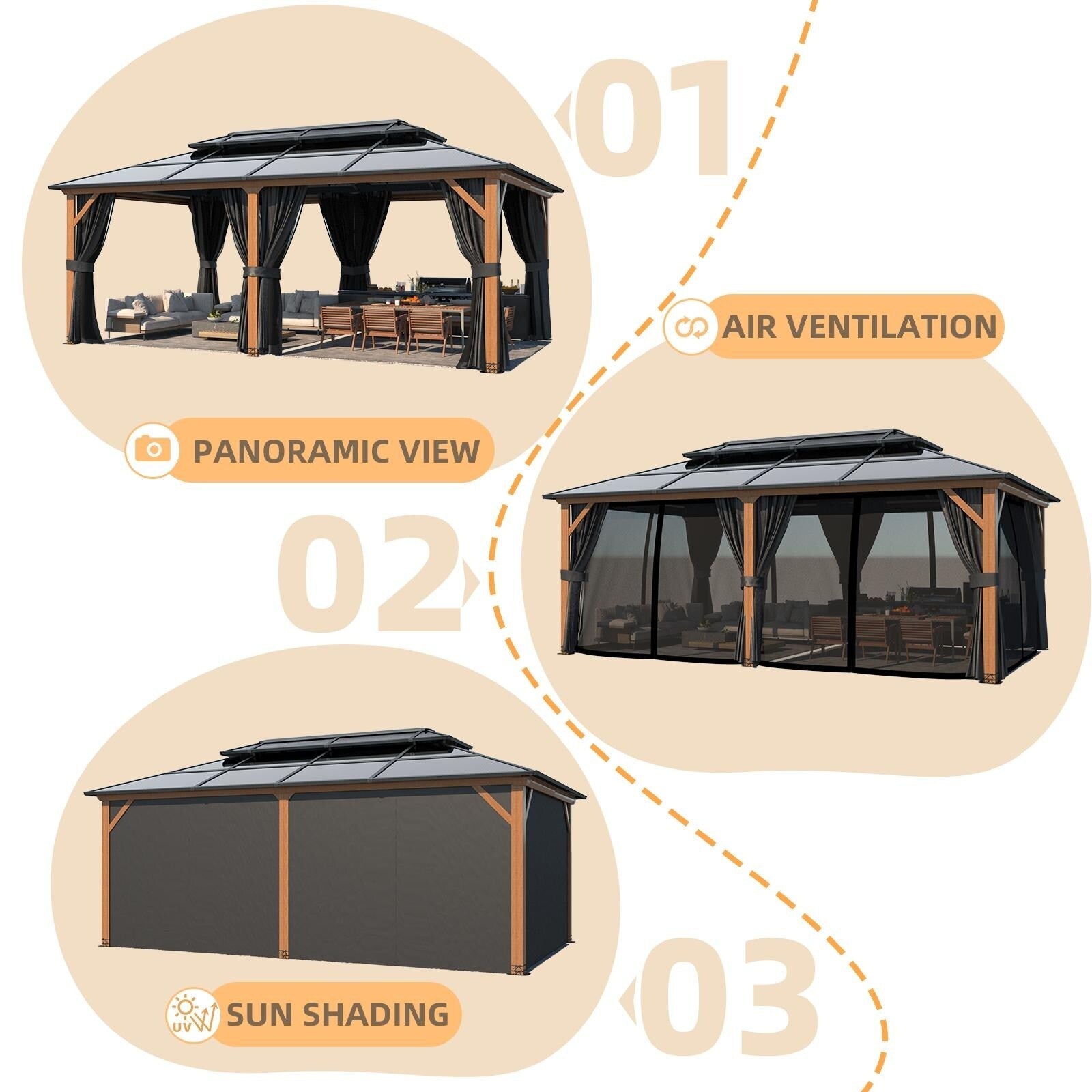 Gazebo à toit rigide EROMMY, pergola d'extérieur avec double toit, filet et rideaux, auvent robuste pour patio, arrière-cour, fête au bord de la piscine
