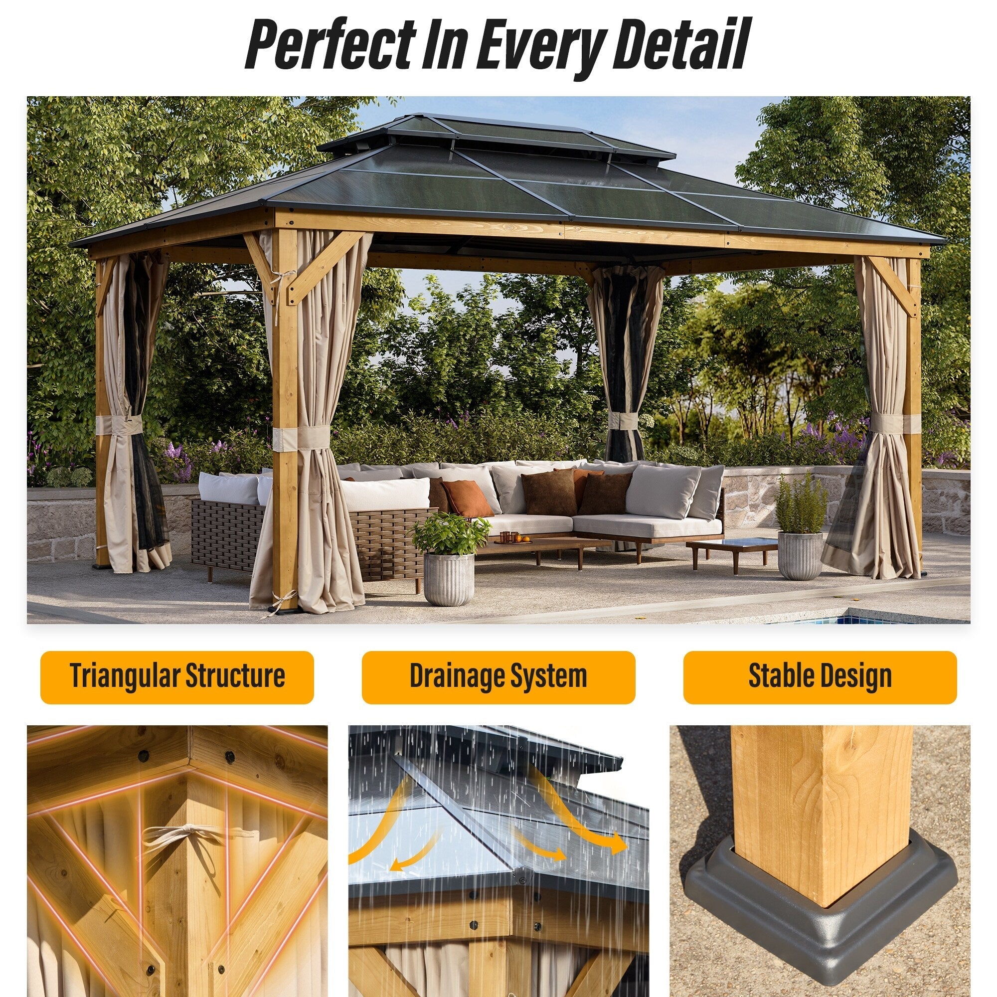 Gazebo à toit rigide EROMMY, pergola d'extérieur avec double toit, filet et rideaux, auvent robuste pour patio, arrière-cour, fête au bord de la piscine