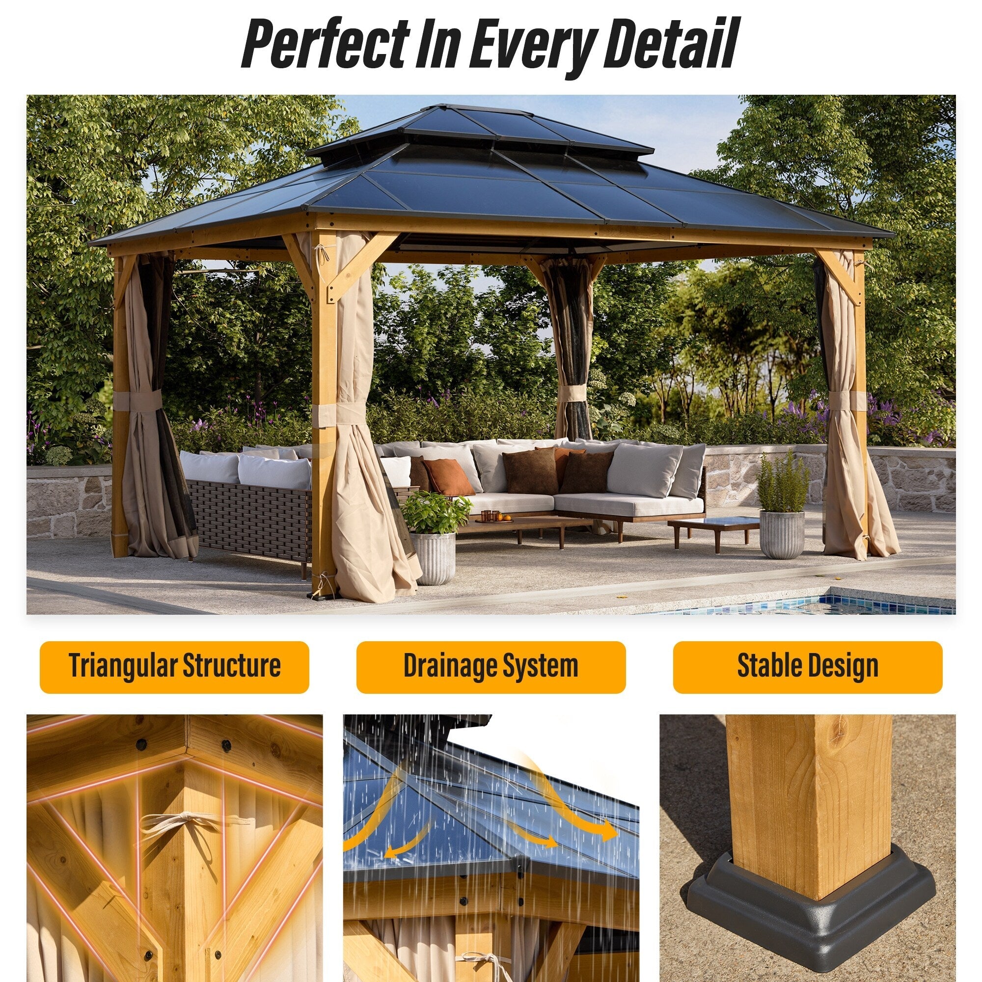 Gazebo à toit rigide EROMMY, pergola d'extérieur avec double toit, filet et rideaux, auvent robuste pour patio, arrière-cour, fête au bord de la piscine