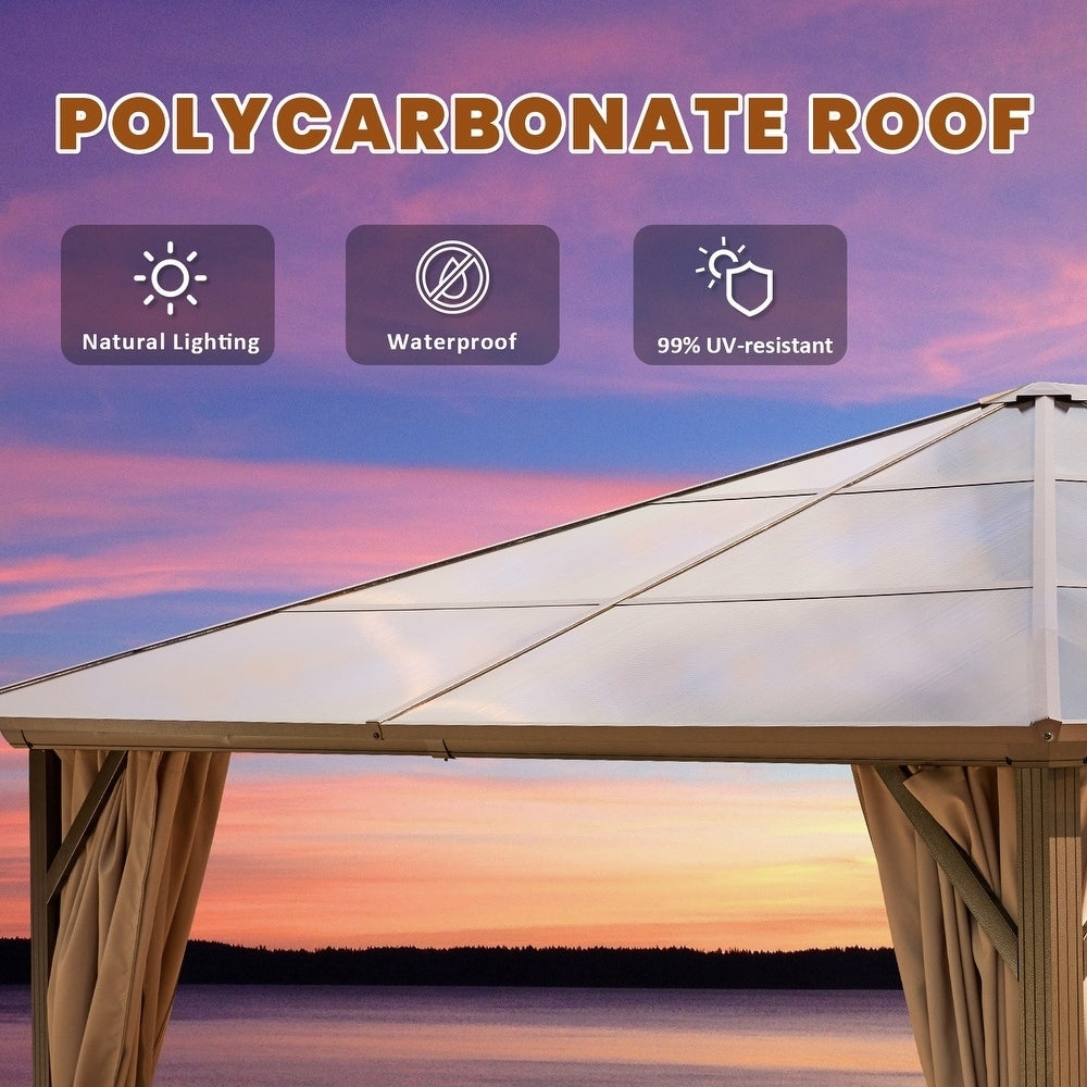 Tonnelle à toit rigide pour jardin – Pergola permanente avec filet, rideaux et double toit, abri extérieur toutes saisons