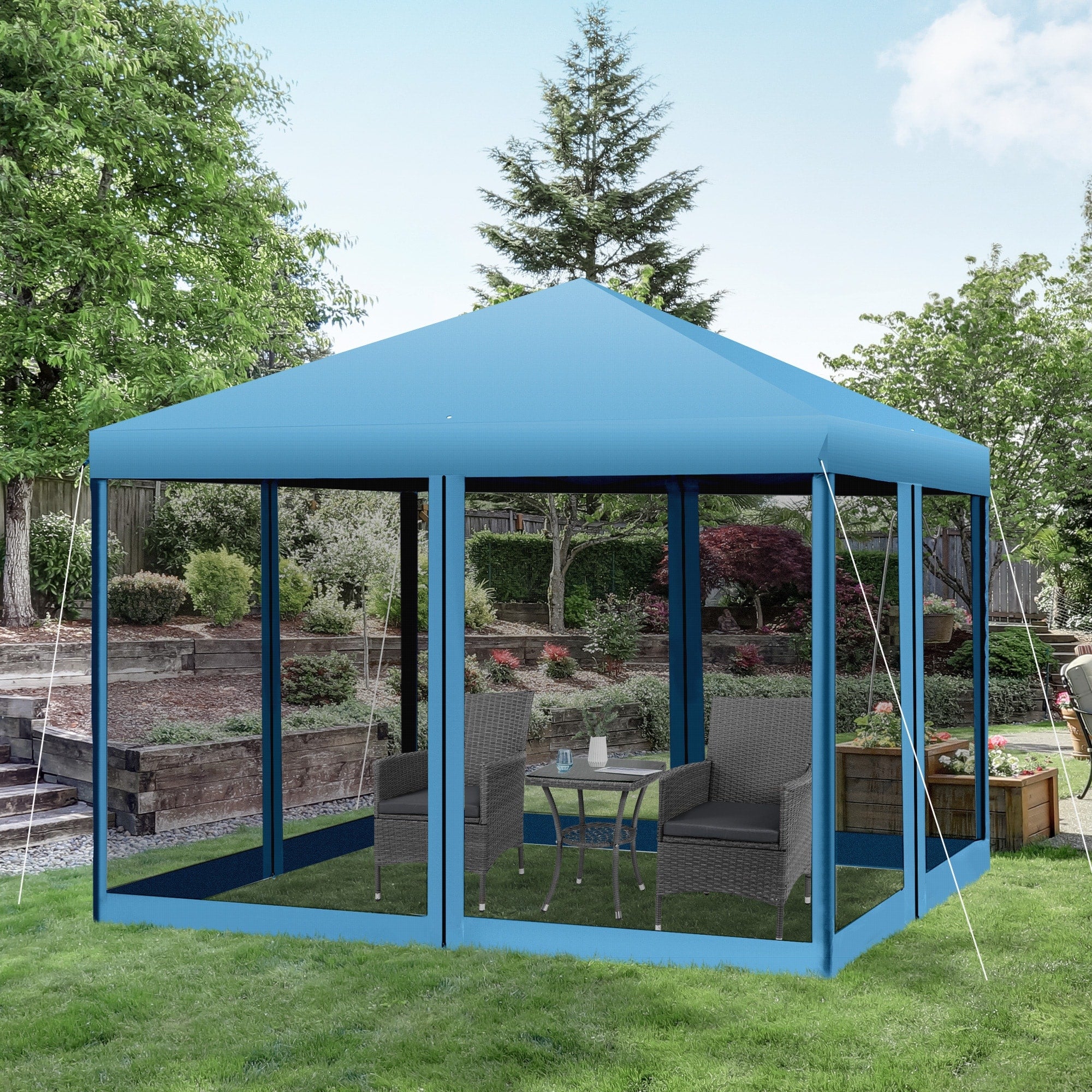 Auvent pop-up robuste Outsunny 10' x 10' avec filet latéral en maille amovible, conception d'installation facile, événement de fête en plein air