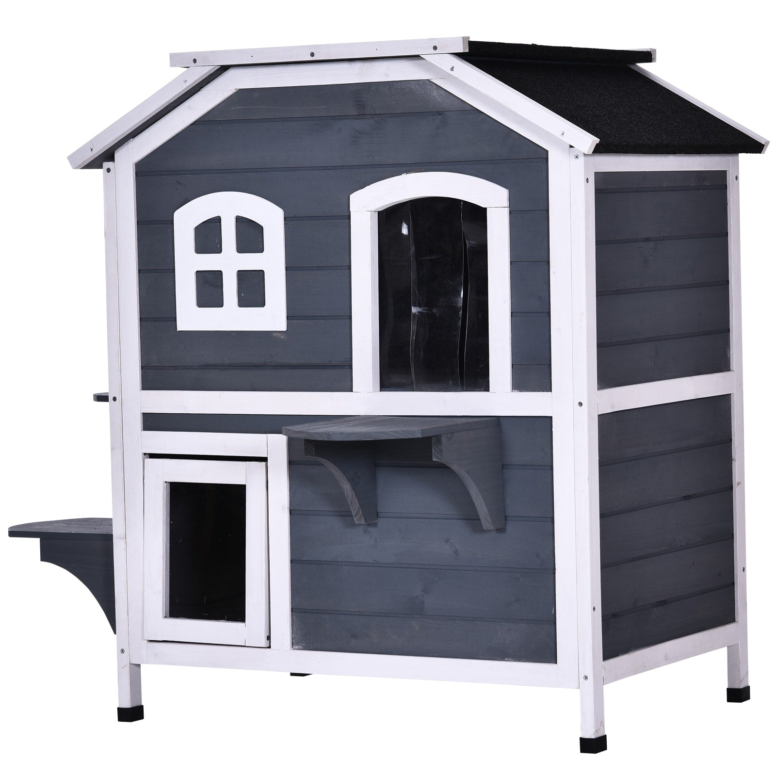 Maison pour chat d'extérieur PawHut en bois de sapin à deux étages, abri pour chats sauvages en bois avec toit en asphalte ouvrable pour intérieur/extérieur, blanc/gris