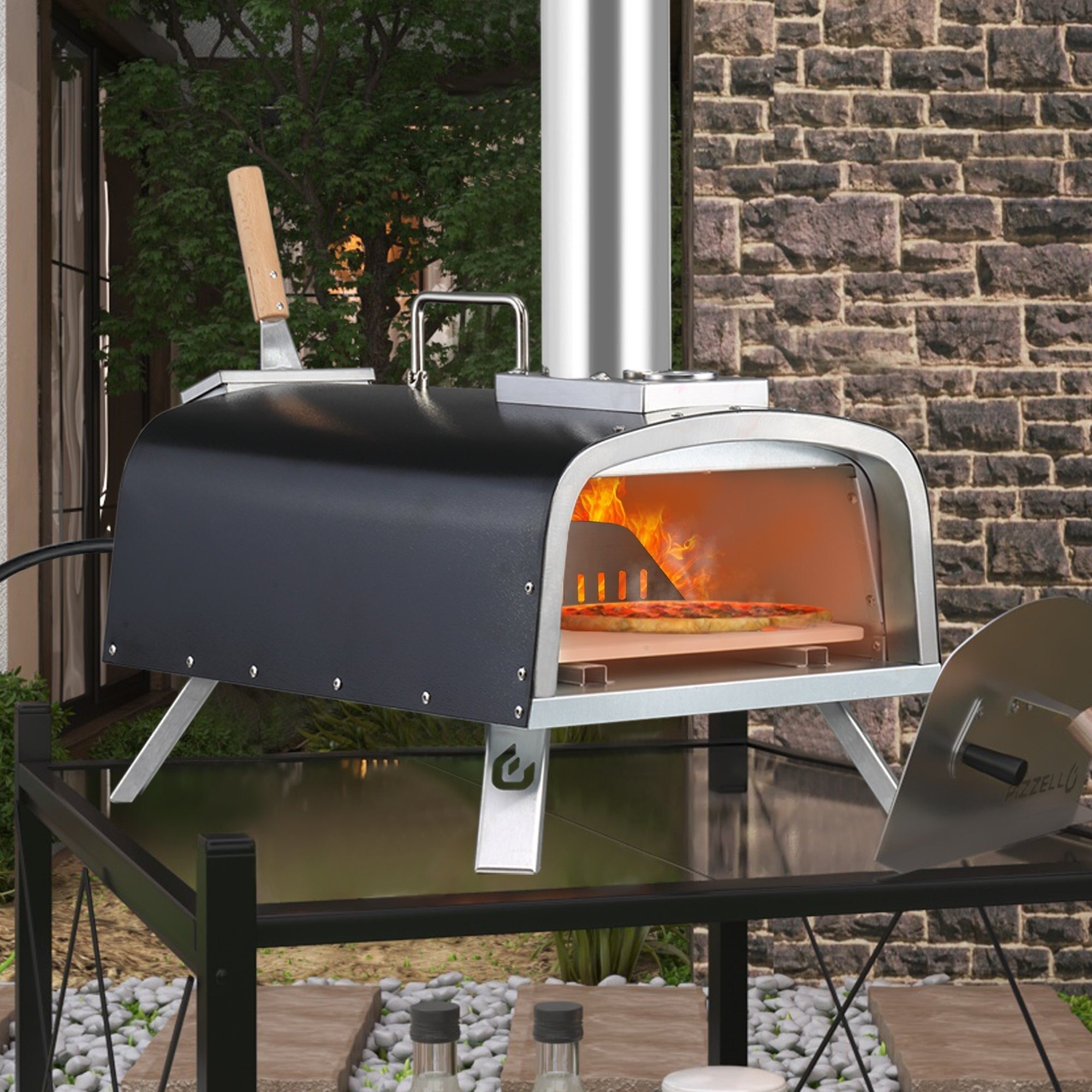 Four à pizza extérieur multicombustible, machine à pizza cuite sur pierre avec brûleur à gaz et boîte à bois - 12 pouces