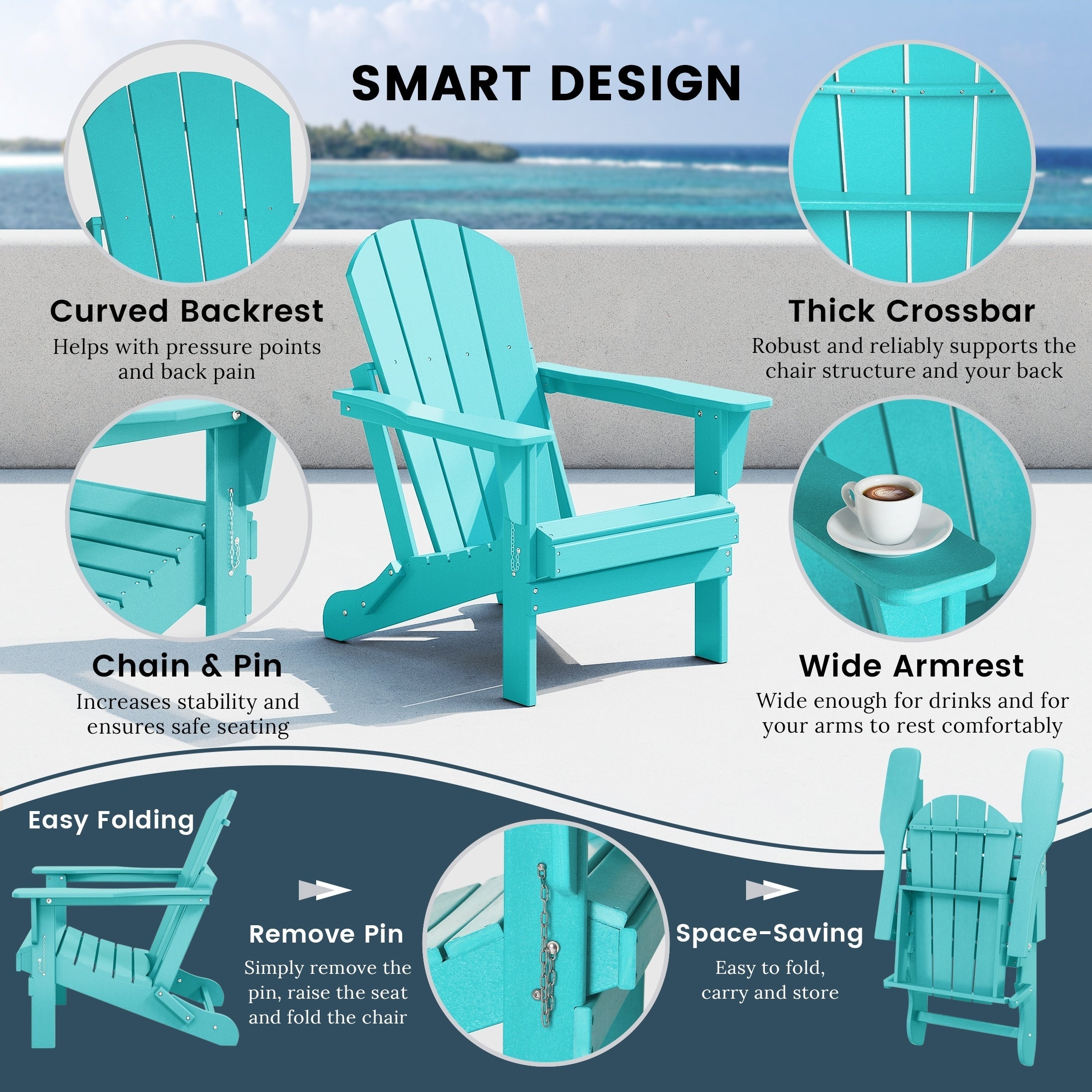 Chaise pliante Adirondack Polytrends Laguna résistante à la décoloration et aux intempéries pour patio extérieur
