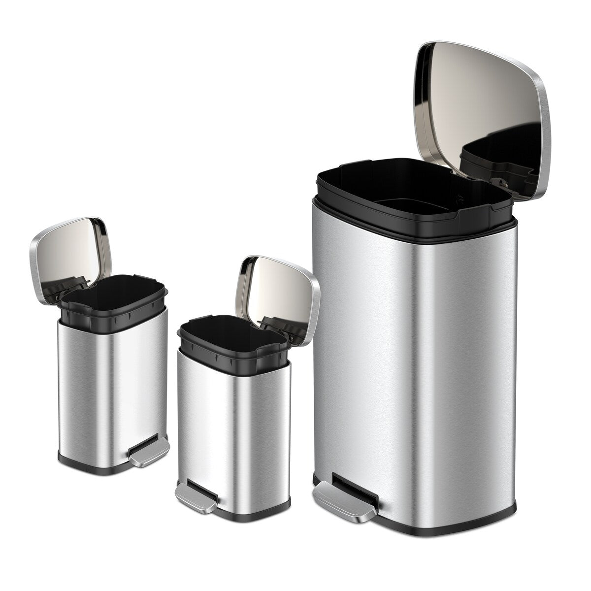 Poubelles rectangulaires Qualiazero de 13,2 gallons et deux de 1,3 gallon à pédale - Ensemble familial