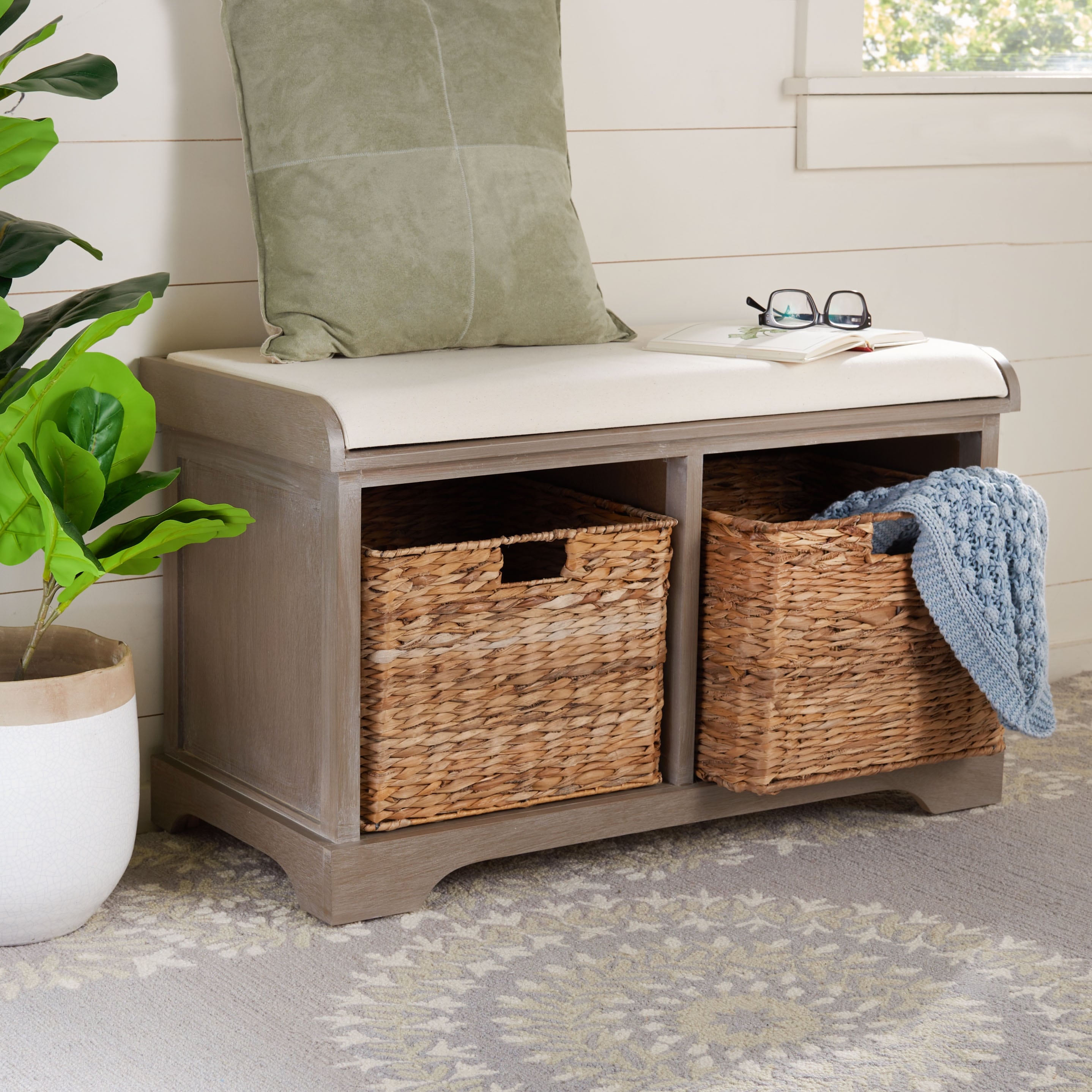 Banc de rangement tressé marron Euphemia de SAFAVIEH - 33,5 x 16,1 x 19,9 - 34 L x 16 P x 20 H
