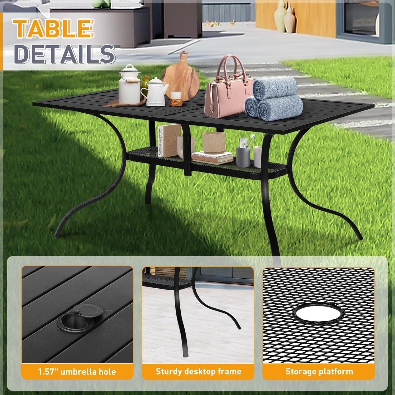 Ensemble de salle à manger d'extérieur SUNCROWN 5/7 pièces en acier, table à lattes en métal et chaises empilables, cadre enduit de poudre