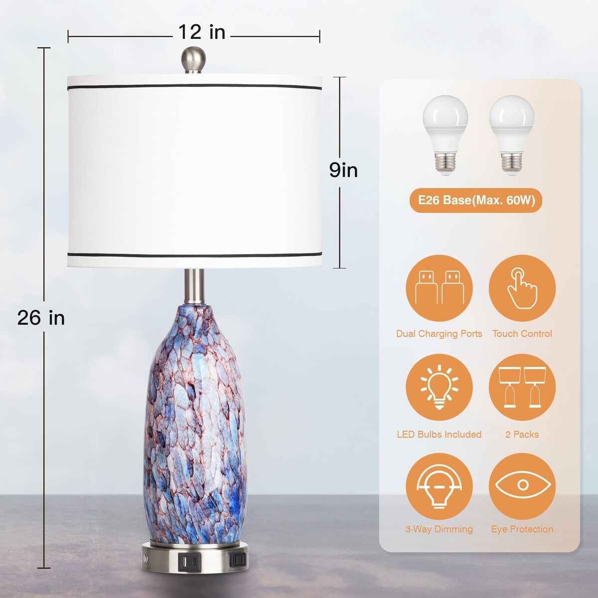 Lampe de table 2 en 1 avec veilleuse en verre indigo, ports de charge, prise secteur, abat-jour tambour, interrupteur tactile à intensité variable (lot de 2)