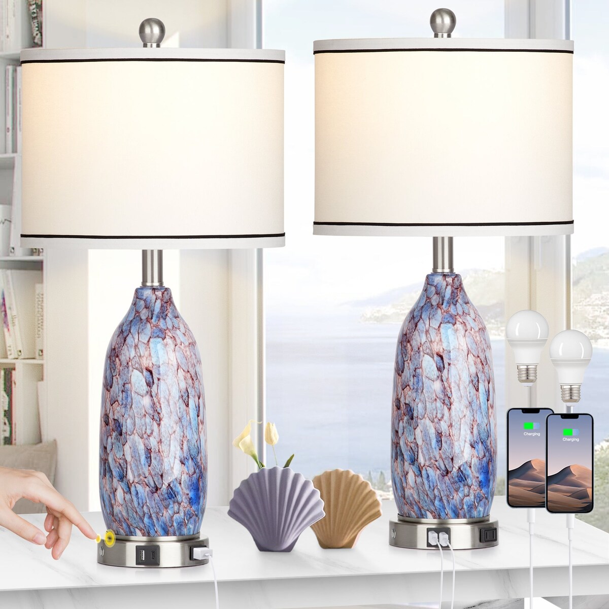 Lampe de table 2 en 1 avec veilleuse en verre indigo, ports de charge, prise secteur, abat-jour tambour, interrupteur tactile à intensité variable (lot de 2)