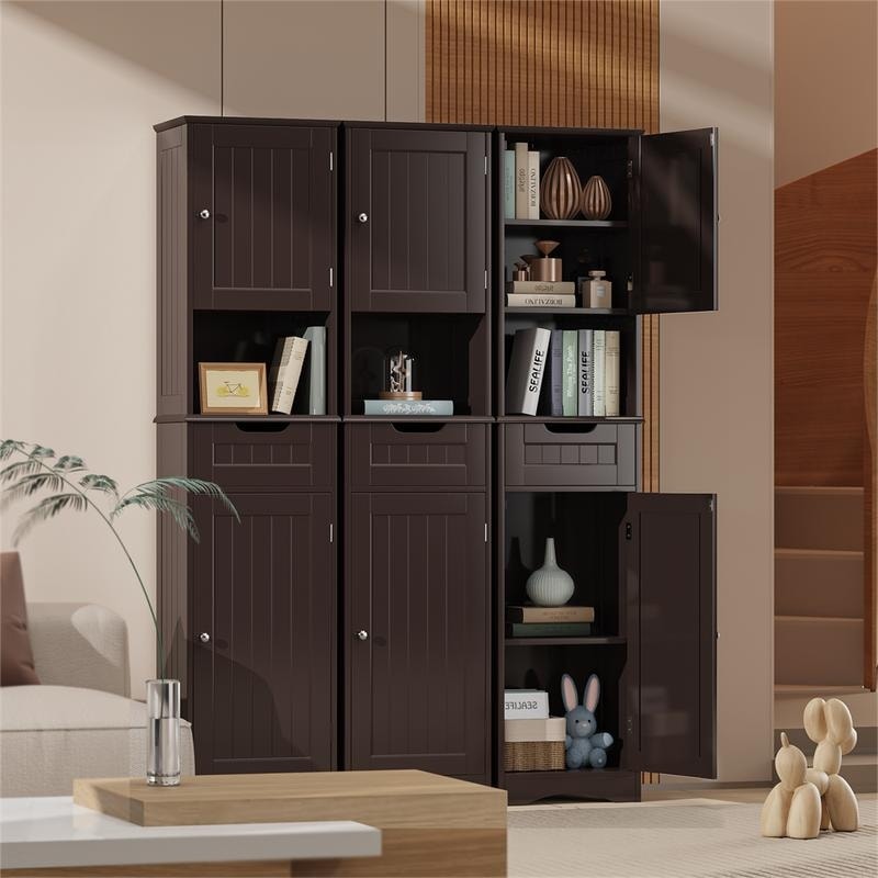 Armoire à linge étroite de salle de bain de 67 po de hauteur, meuble de rangement autoportant en bois massif à 5 niveaux
