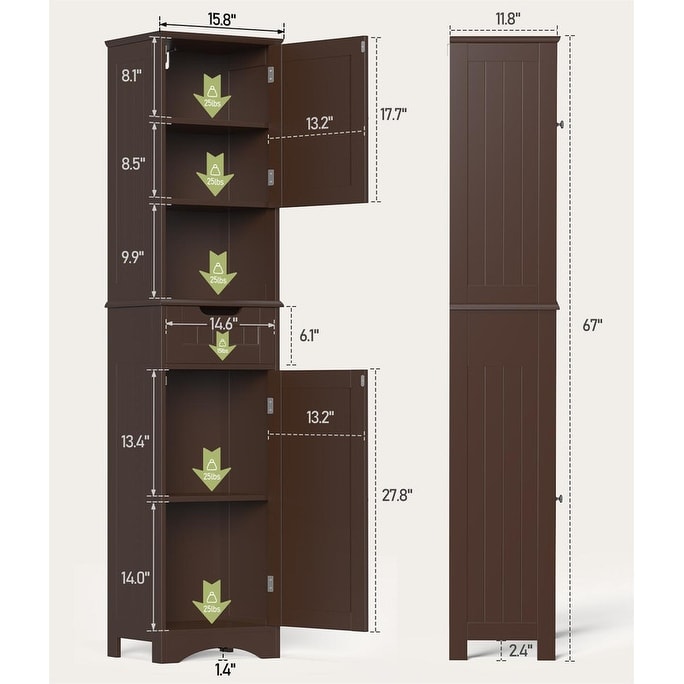 Armoire à linge étroite de salle de bain de 67 po de hauteur, meuble de rangement autoportant en bois massif à 5 niveaux