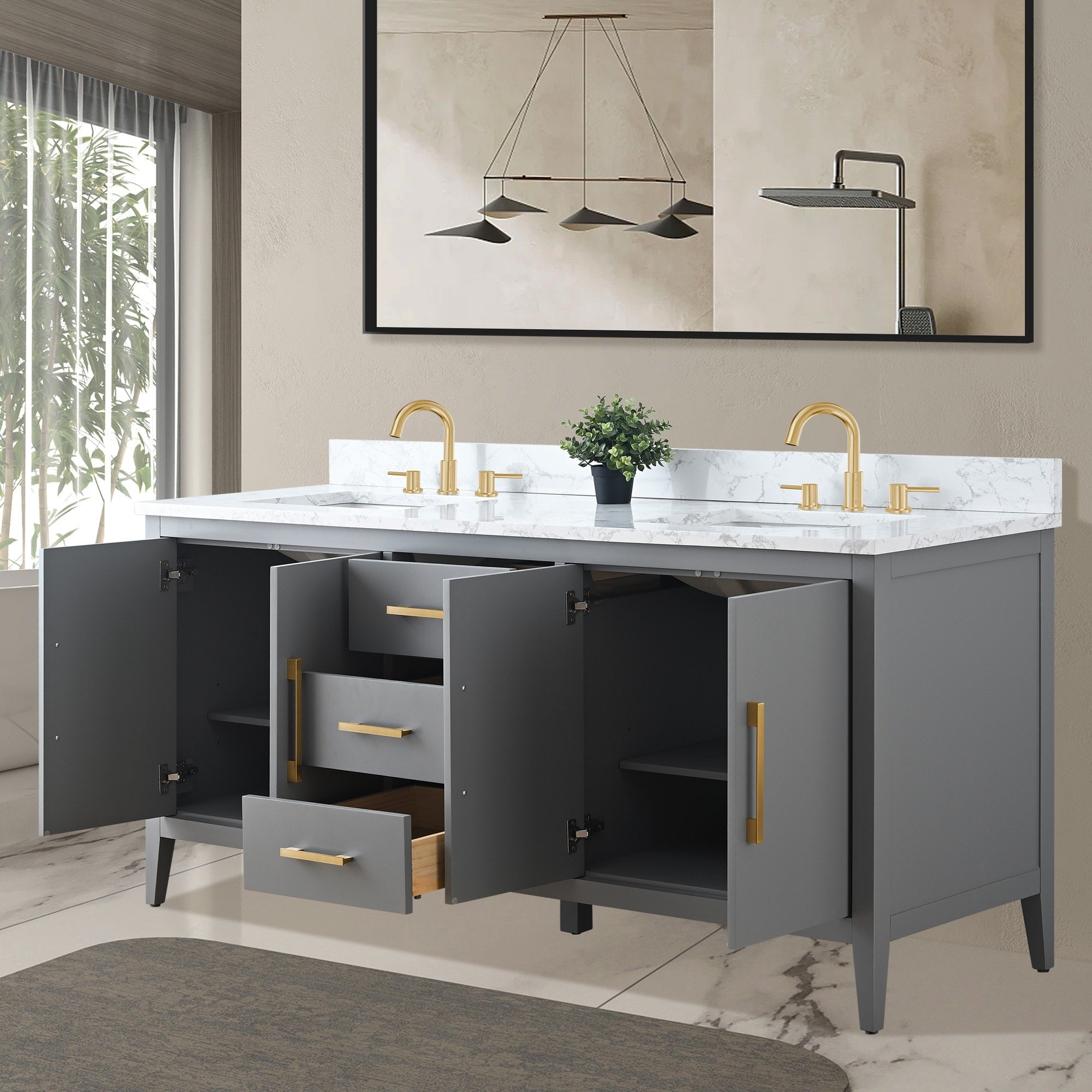 Meuble-lavabo double vasque Vanity Art 72 avec plateau en marbre reconstitué