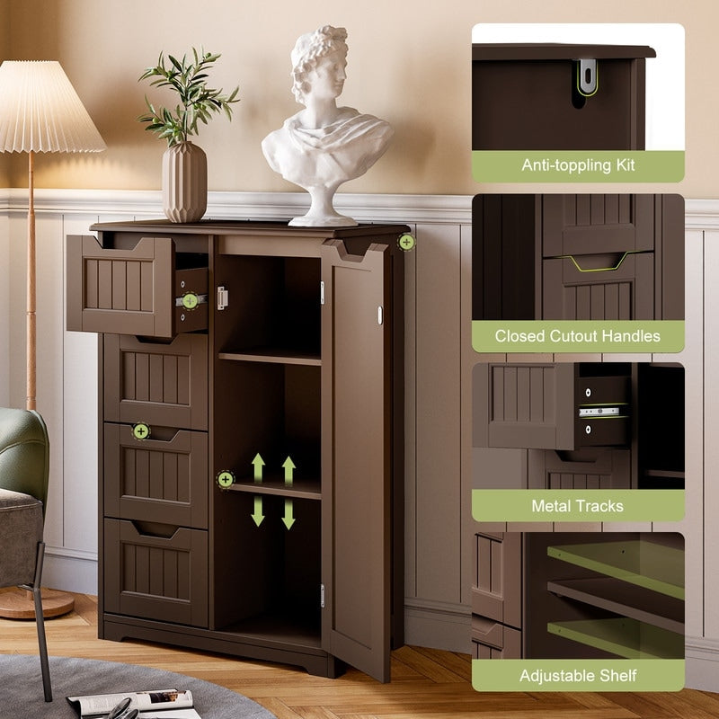 Meuble de rangement de salle de bain, meuble de rangement sur pied indépendant avec 4 tiroirs et étagère réglable