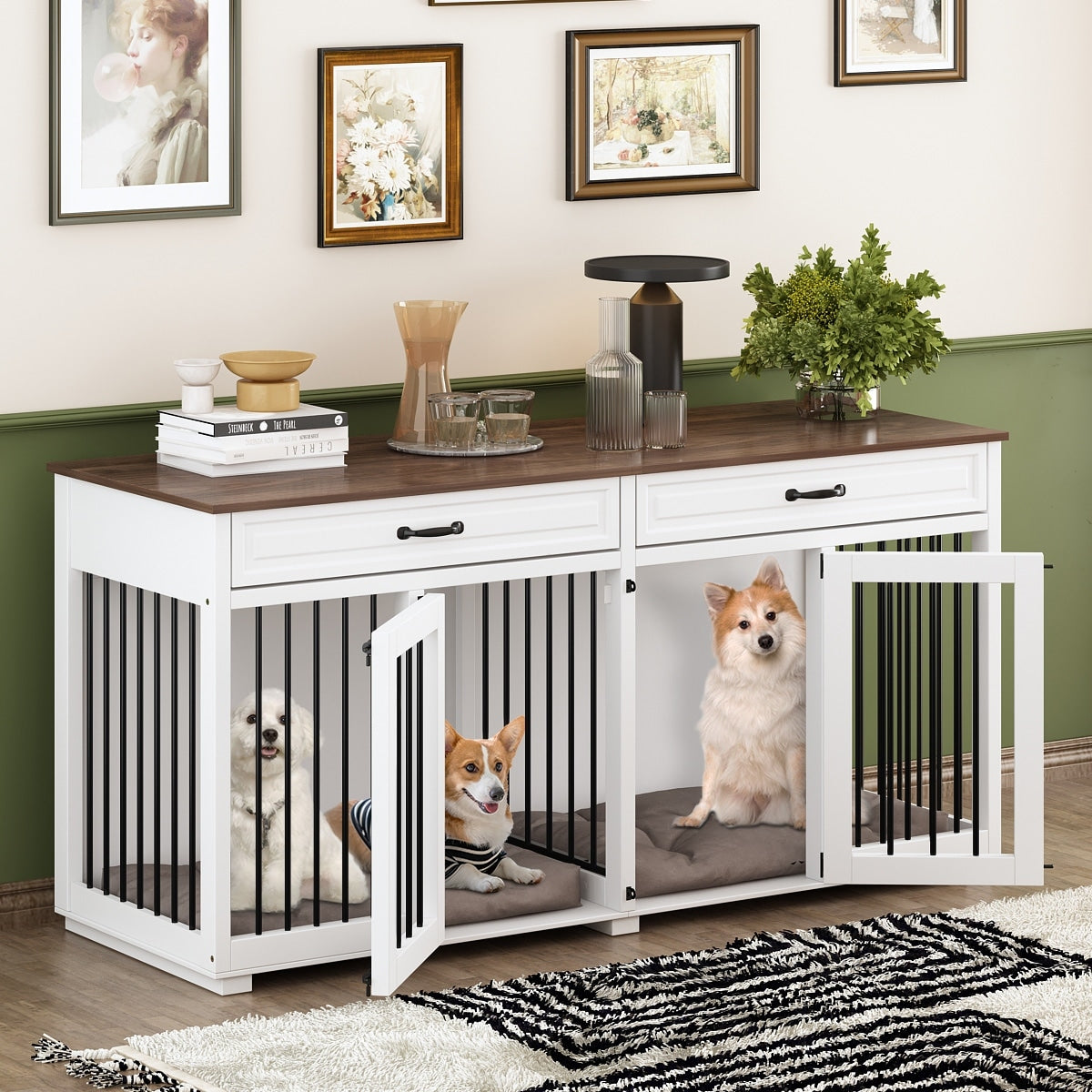 Cage double en bois pour chien avec 2 tiroirs et séparateur