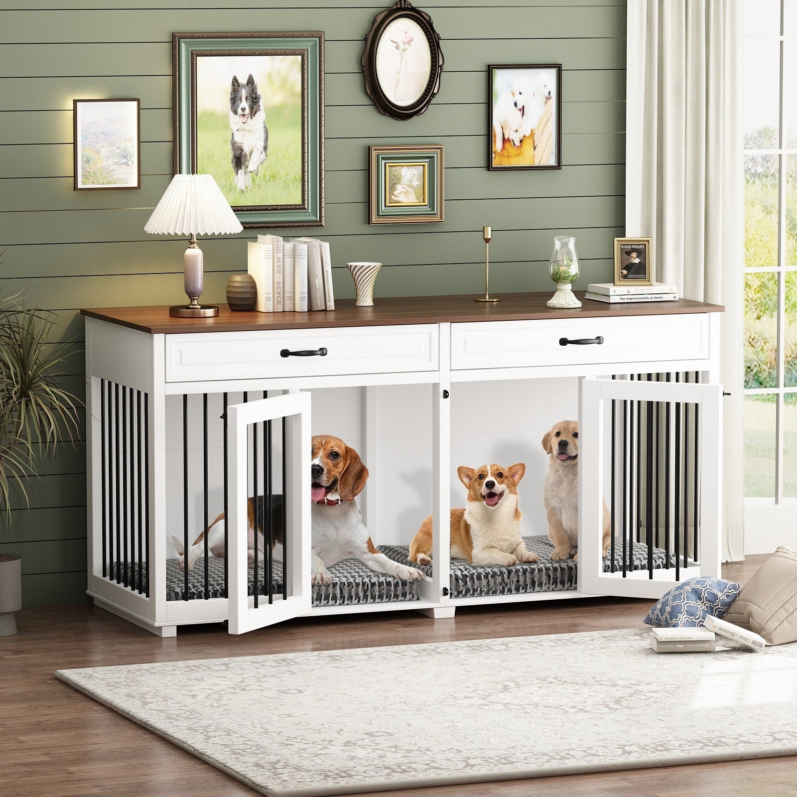 Cage double en bois pour chien avec 2 tiroirs et séparateur