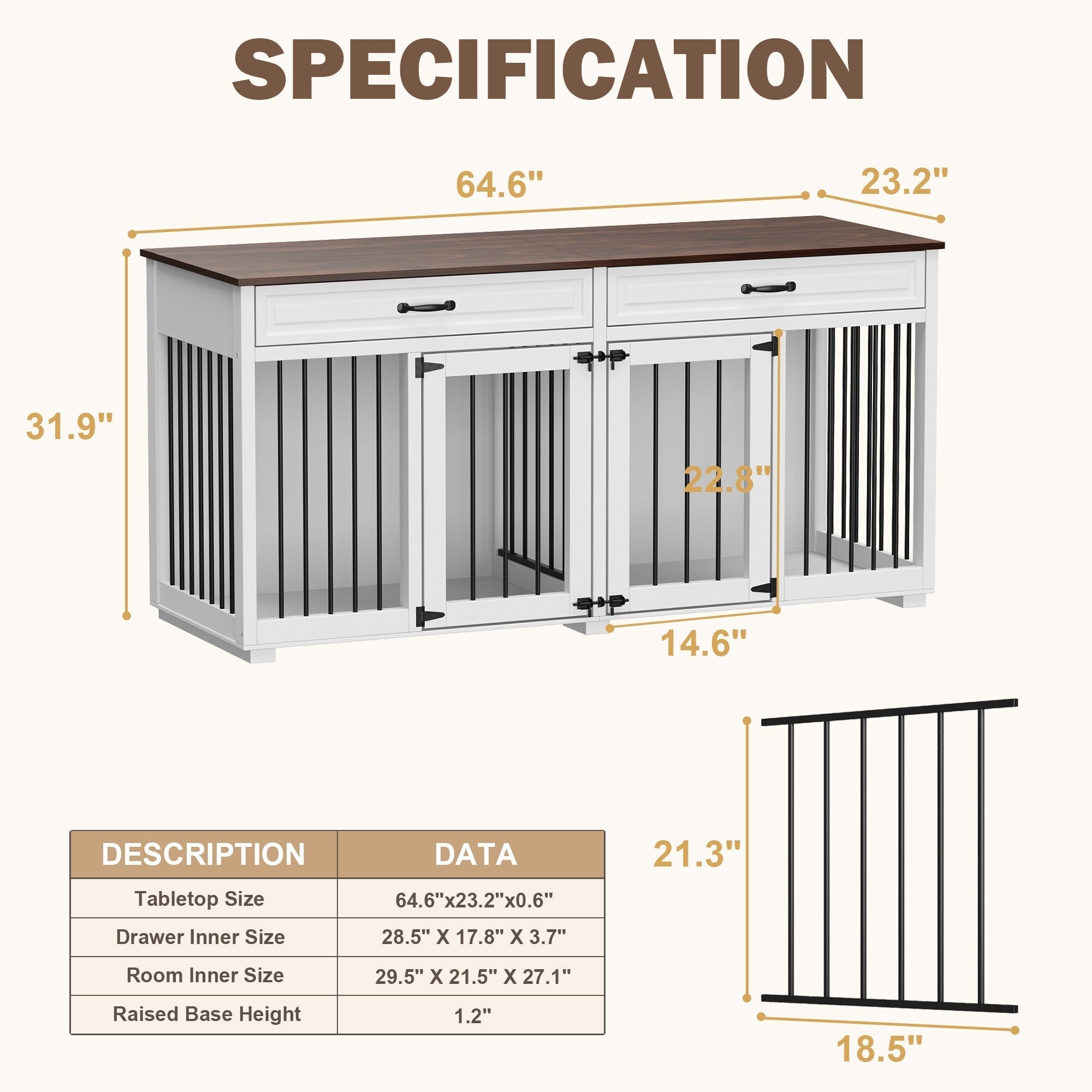 Cage double en bois pour chien avec 2 tiroirs et séparateur