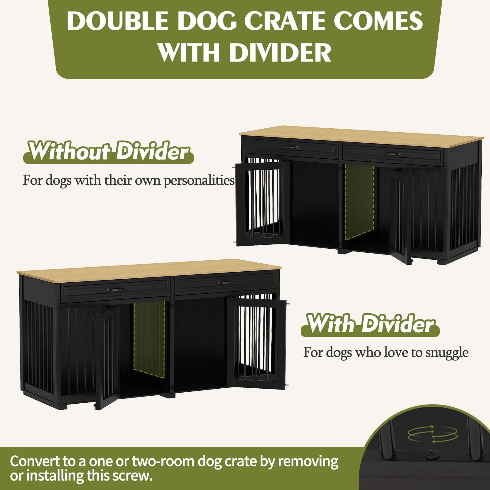 Cage double en bois pour chien avec 2 tiroirs et séparateur