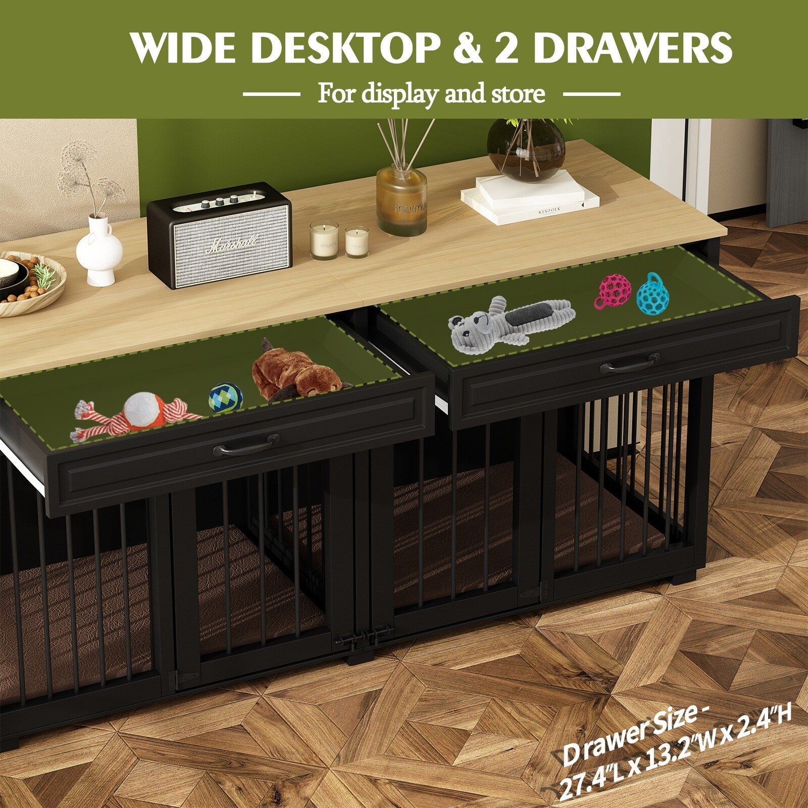 Cage double en bois pour chien avec 2 tiroirs et séparateur