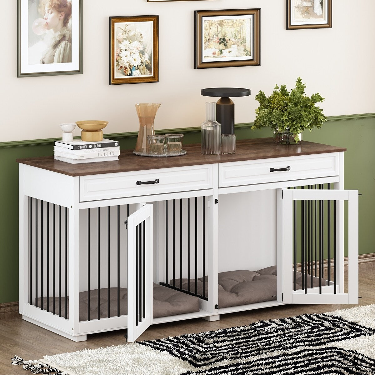 Cage double en bois pour chien avec 2 tiroirs et séparateur