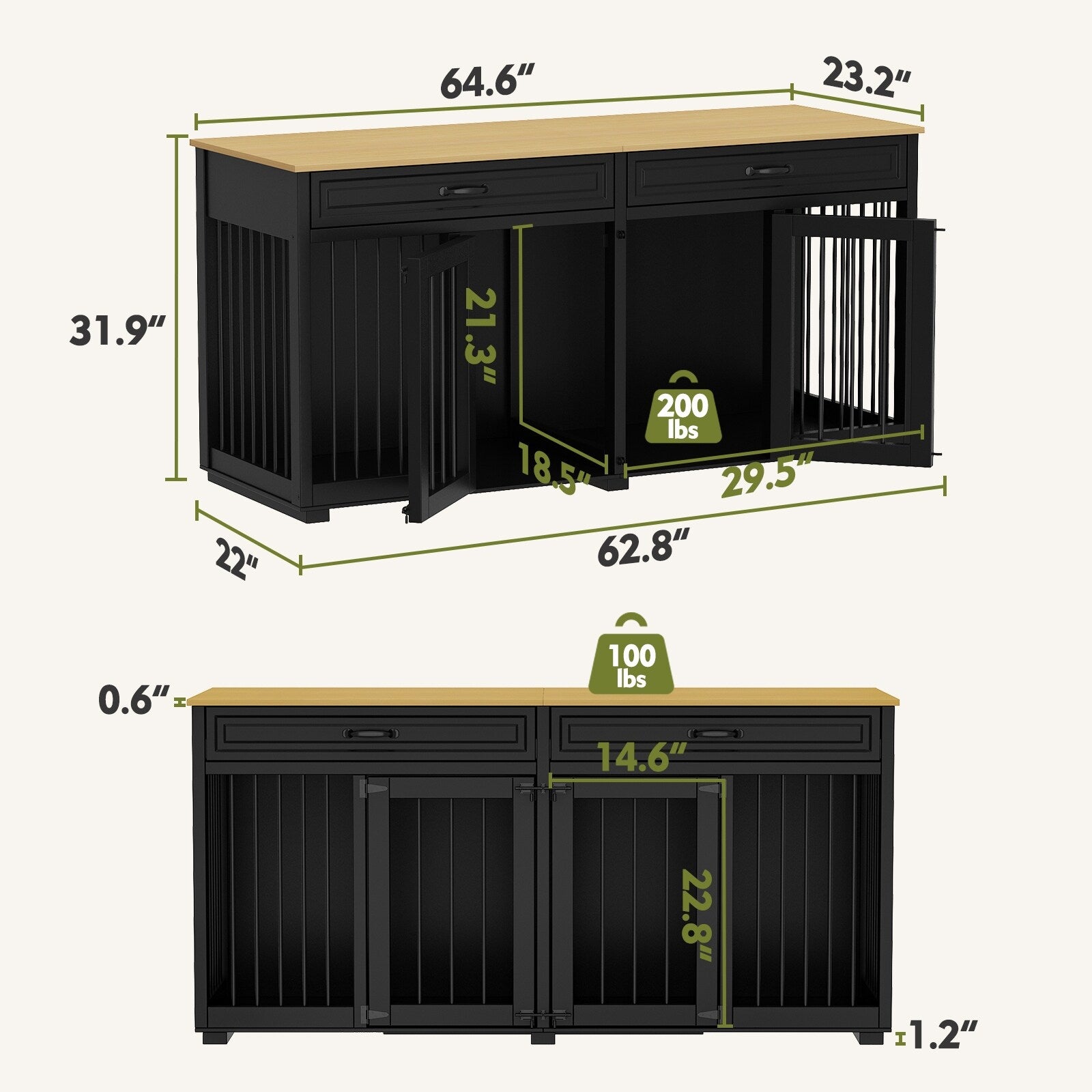 Cage double en bois pour chien avec 2 tiroirs et séparateur